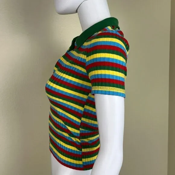 Zara Women's Size S Colorful Striped Ribbed Collard Pullover Short Sleeve Top - Picture 7 of 11